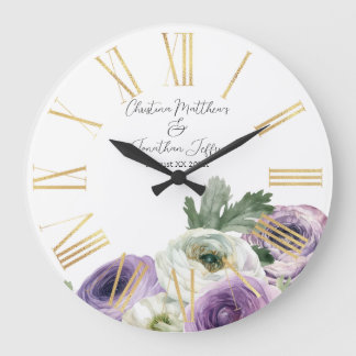 Romantic Watercolor White & Purple Ranunculus Large Clock