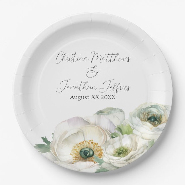 Romantic Watercolor White Ranunculus Paper Plate (Front)