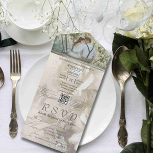 Romantic Watercolor White Rose QR Code All In One Invitation