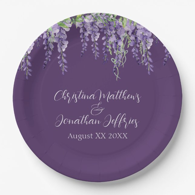 Romantic Watercolor Wisteria on Dark Purple Paper Plate (Front)