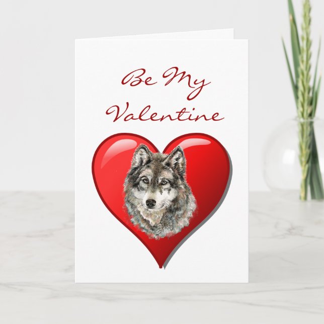 Romantic  Watercolor Wolf Valentine Holiday Card (Front)