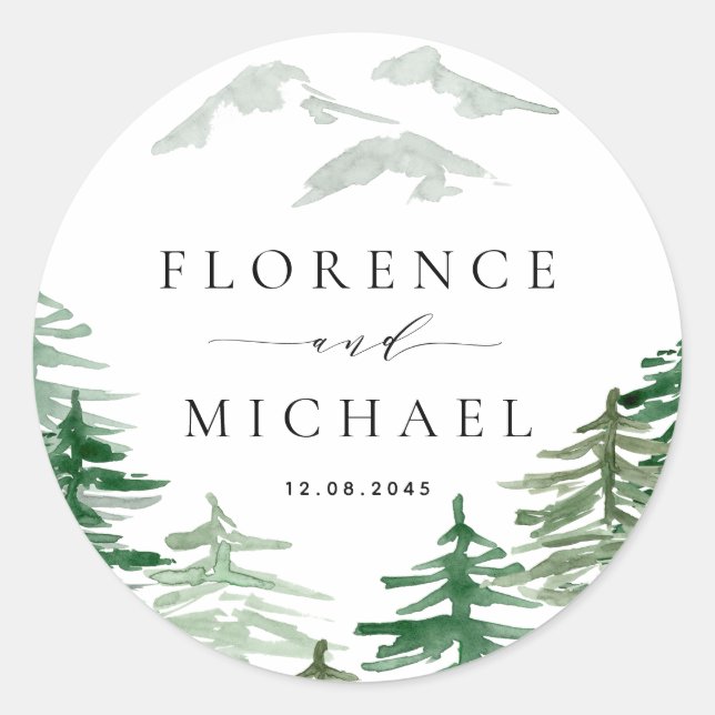 Romantic Watercolor Woodland Wedding Classic Round Sticker (Front)