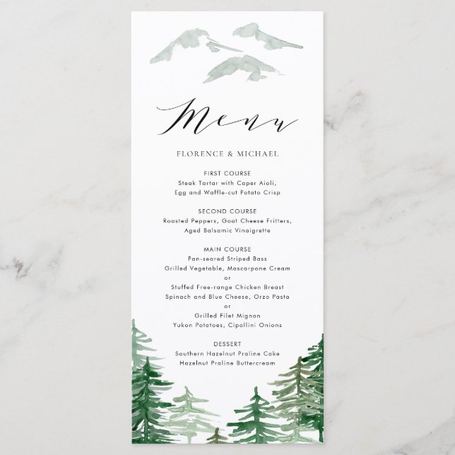 Romantic Watercolor Woodland Wedding Menu Card (Front)