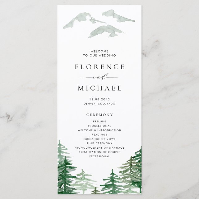 Romantic Watercolor Woodland Wedding Program (Front)