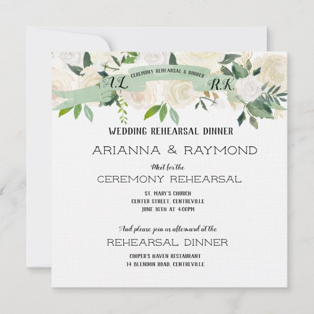 Romantic Watercolored White Roses Rehearsal Invitation (Front)