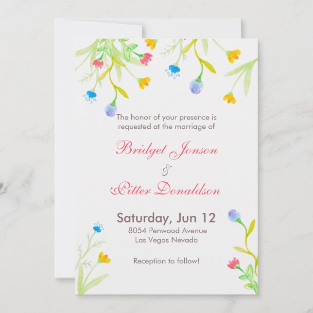 Romantic Watercolors Colourful Flowers Wedding Invitation (Front)