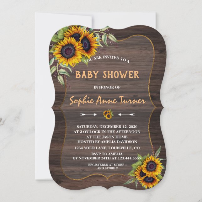 Romantic Watercolour Sunflowers Wood Baby Shower Invitation (Front)