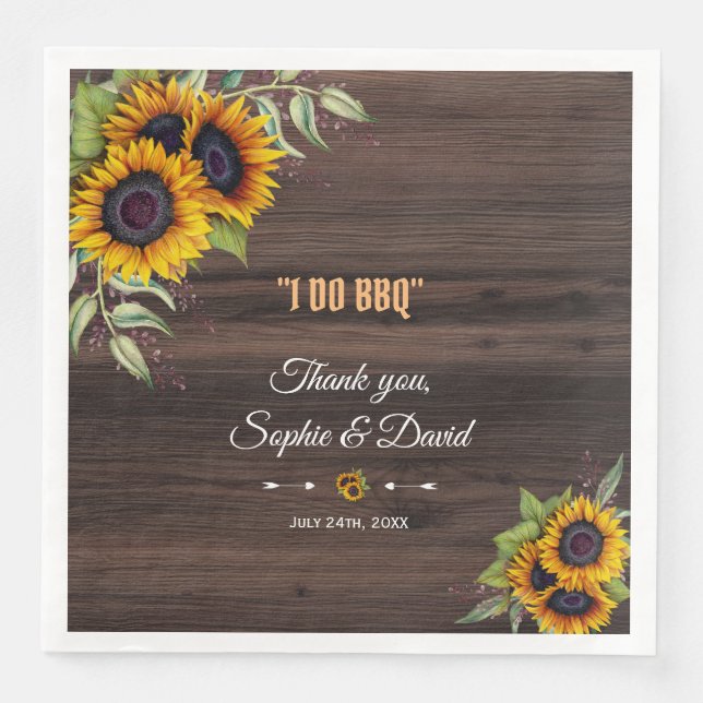 Romantic Watercolour Sunflowers Wood Wedding Napkin (Front)