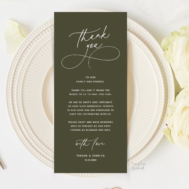Romantic Wed Dinner Place Setting Thank You Card (Romantic Wedding Place Setting Thank You Card in Olive Green)
