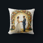 Romantic Wedding Arch Golden Roses Couple Cushion<br><div class="desc">Romantic oil painting of a joyful bride and groom standing hand in hand under a lush floral arch bursting with orange, yellow, white and red roses. Falling petals swirl around them in a dreamy golden light, creating a magical, swirling background inspired by Van Gogh. Bride in elegant white gown with...</div>