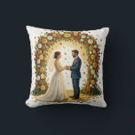 Romantic Wedding Arch Golden Roses Couple Cushion<br><div class="desc">Romantic oil painting of a joyful bride and groom standing hand in hand under a lush floral arch bursting with orange, yellow, white and red roses. Falling petals swirl around them in a dreamy golden light, creating a magical, swirling background inspired by Van Gogh. Bride in elegant white gown with...</div>