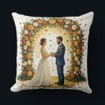 Romantic Wedding Arch Golden Roses Couple Cushion<br><div class="desc">Romantic oil painting of a joyful bride and groom standing hand in hand under a lush floral arch bursting with orange, yellow, white and red roses. Falling petals swirl around them in a dreamy golden light, creating a magical, swirling background inspired by Van Gogh. Bride in elegant white gown with...</div>