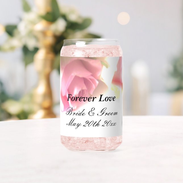 Romantic wedding can glass with rose flower print (Insitu (Wedding))
