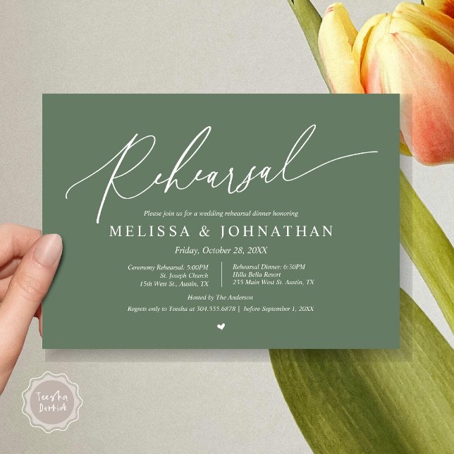 Romantic Wedding Ceremony and Dinner Rehearsal  Invitation (Romantic Wedding Ceremony and Dinner Rehearsal Invitation Card, PDF, Sage Green Greenery Summer)