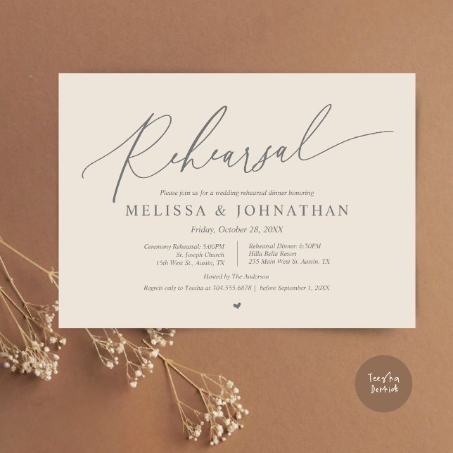 Romantic Wedding Ceremony and Dinner Rehearsal  Invitation (Romantic Wedding Ceremony and Dinner Rehearsal Invitation Card, PDF, Cream Grey)