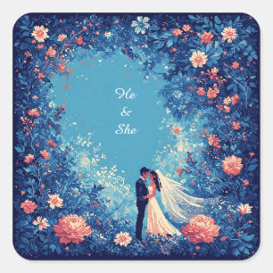 Romantic Wedding Couple in Floral Garden Square Sticker