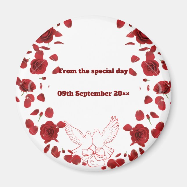 Romantic Wedding Date Magnet – Red Roses & Doves D (Front)