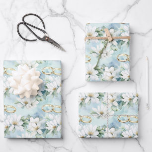 Romantic Wedding Flowers and Rings Wrapping Paper Sheet