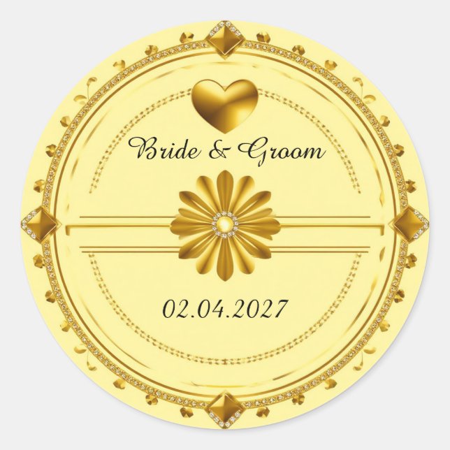 💗 Romantic Wedding Gold Heart Theme ✨ Classic Round Sticker (Front)