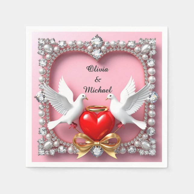 Romantic Wedding Heart Frame with Doves Napkin (Front)
