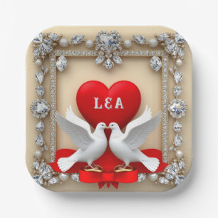 Romantic Wedding Heart Frame with Doves Paper Plate