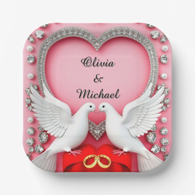 Romantic Wedding Heart Frame with Doves Paper Plate (Front)