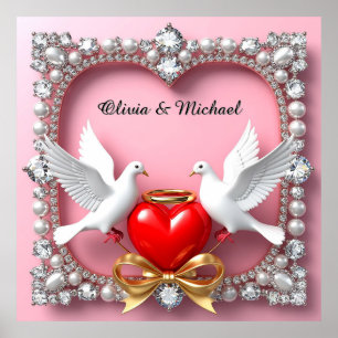 Romantic Wedding Heart Frame with Doves Poster