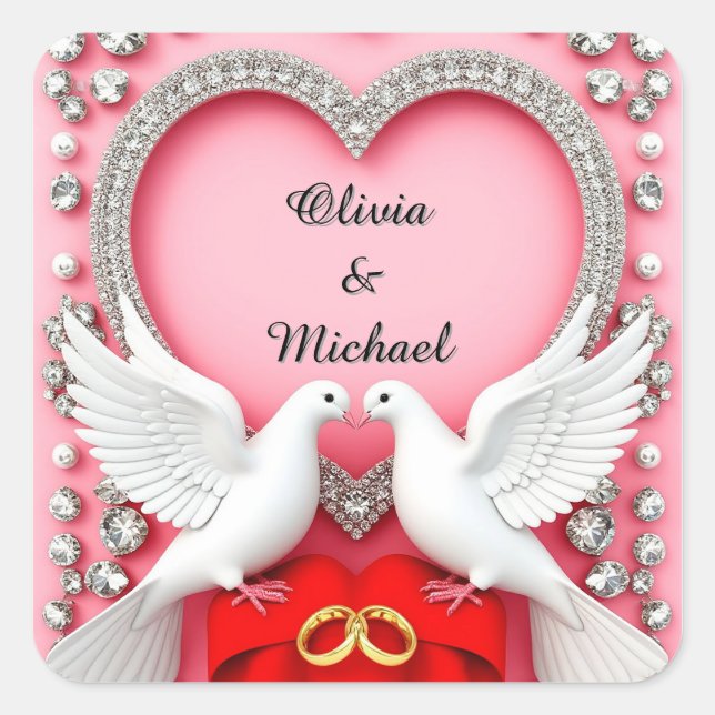Romantic Wedding Heart Frame with Doves Square Sticker (Front)