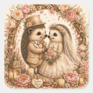 Romantic Wedding Hedgehog Couple Floral Square Sticker