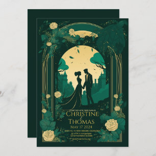 Romantic wedding invitation Emerald Green and Gold