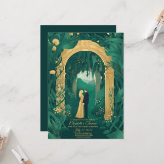 Romantic wedding invitation Emerald Green and Gold