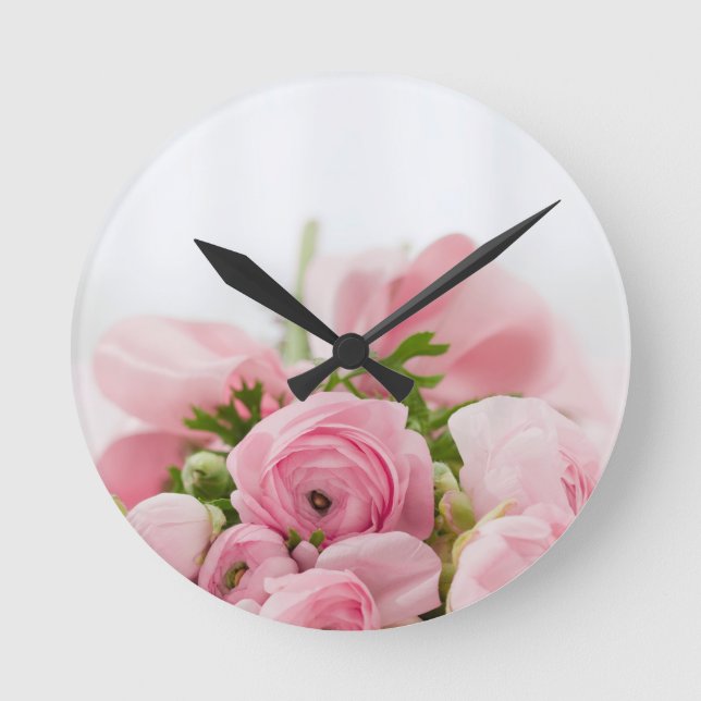 Romantic Wedding Love Soft Pink Flower Bouquet Round Clock (Front)