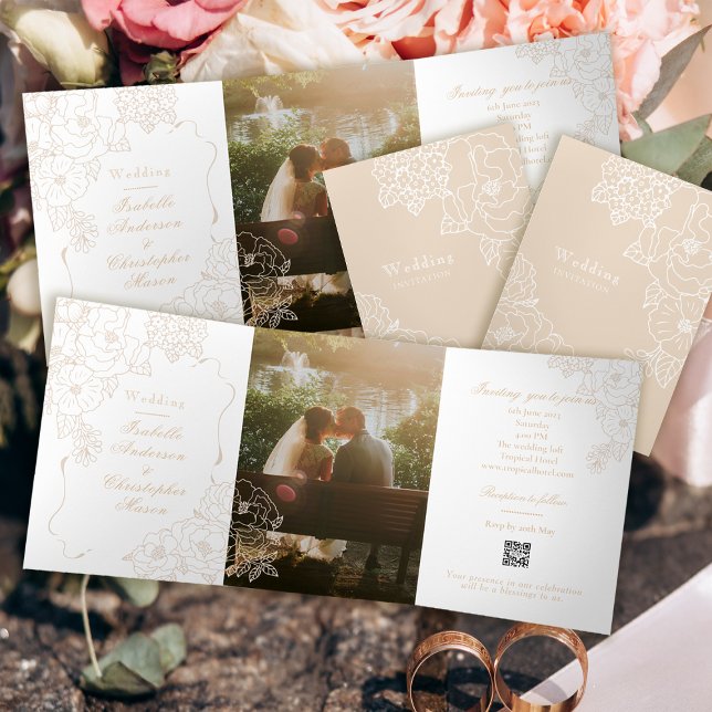 Romantic Wedding Peonies Delicate Ivory White Tri-Fold Invitation (Creator Uploaded)