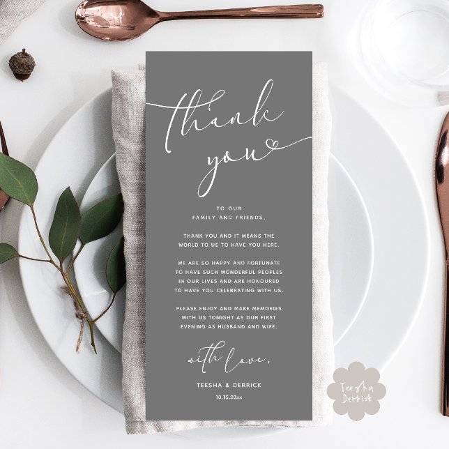 Romantic Wedding Place Setting Thank You Card (Romantic Wedding Dinner Lunch Brunch Party Place Setting Thank You Card Dark grey)
