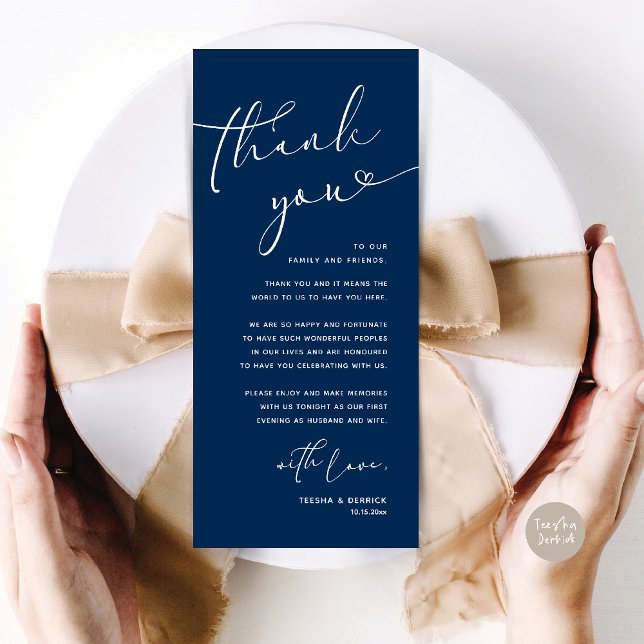 Romantic Wedding Place Setting Thank You Card (Romantic Wedding Dinner Lunch Brunch Party Place Setting Thank You Card Navy Blue)