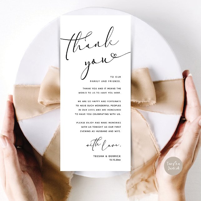 Romantic Wedding Place Setting Thank You Card (Romantic Wedding Dinner Lunch Brunch Party Place Setting Thank You Card black white)