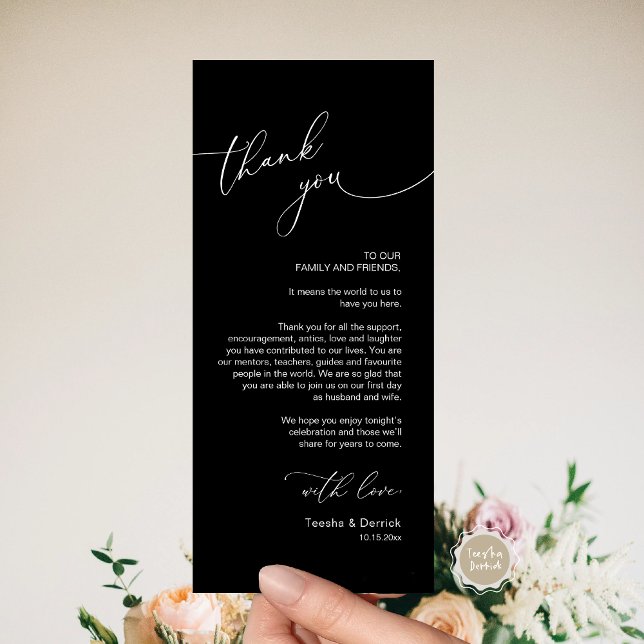 Romantic Wedding Place Setting Thank You Card (Romantic Wedding Dinner Place Setting Thank You Card, Plate Decor, in Classy Black)
