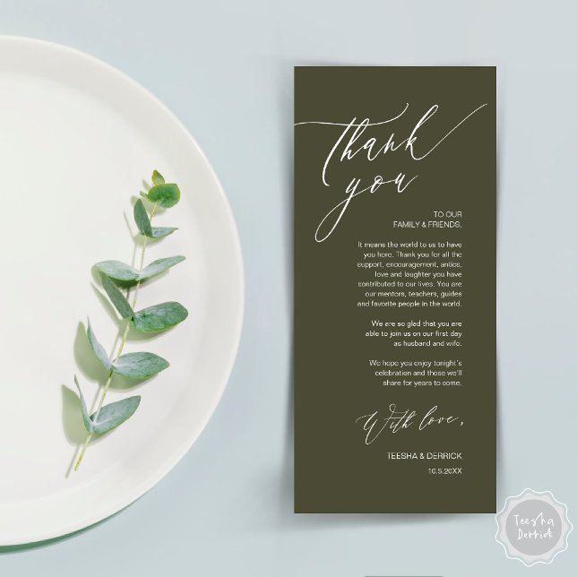 Romantic Wedding Place Setting Thank You Card (Romantic Wedding Dinner Place Setting Thank You Card, in Olive Green)