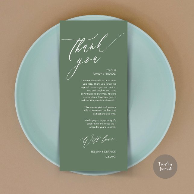 Romantic Wedding Place Setting Thank You Card (Romantic Wedding Dinner Place Setting Thank You Card, in Forest Sage Green)