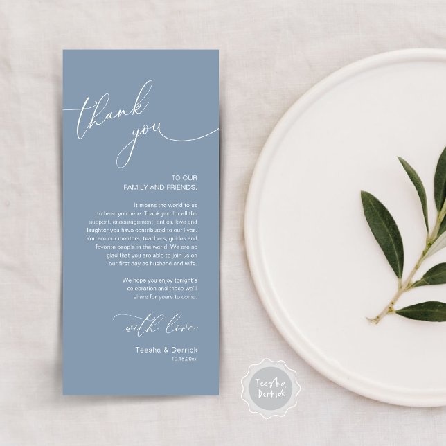 Romantic Wedding Place Setting Thank You Card (Modern Romantic Wedding Lunch, Brunch, Dinner Place Setting Thank You Card, in Dusty Blue)