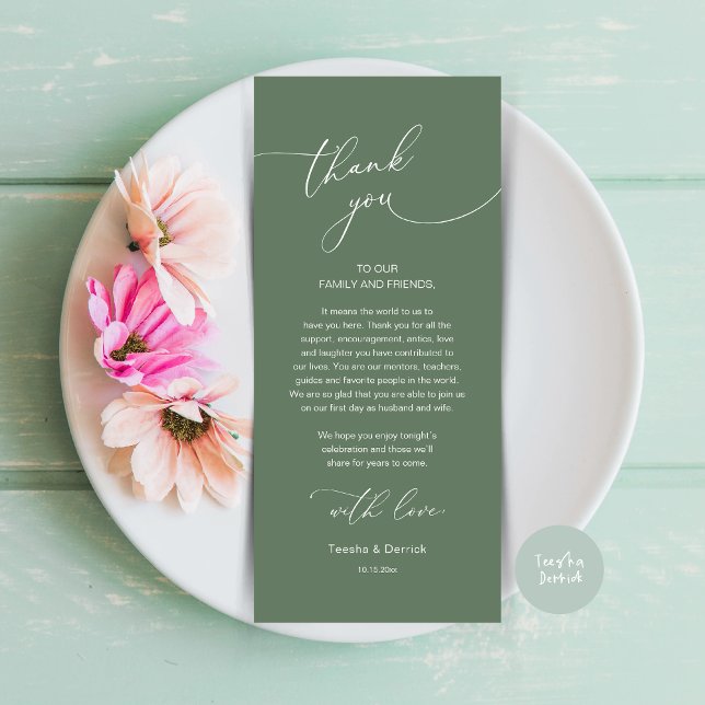Romantic Wedding Place Setting Thank You Card (Modern Romance Wedding Dinner, Lunch and Brunch Place Setting Thank You Card, in Sage Green)