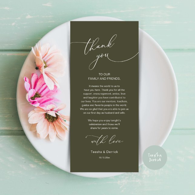 Romantic Wedding Place Setting Thank You Card (Modern Romance Wedding Dinner, Lunch and Brunch Place Setting Thank You Card, in Olive Green)