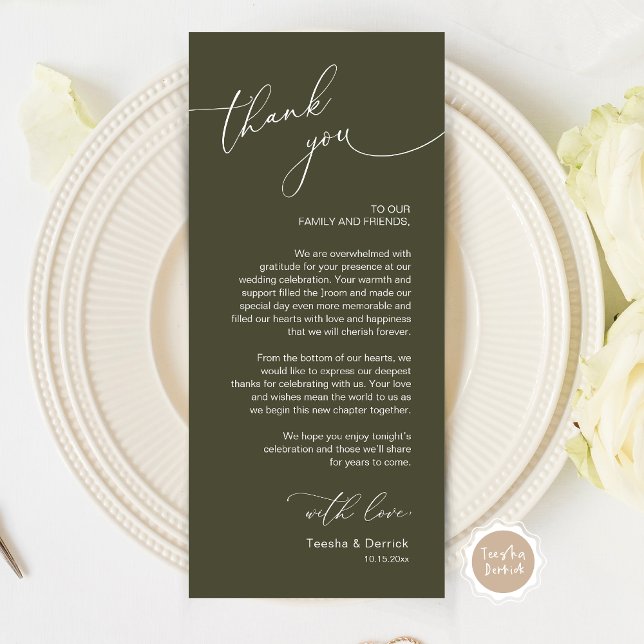 Romantic Wedding Place Setting Thank You Card (Wedding Dinner Place Setting Thank You Card, Modern Romantic Script, in Olive Green)