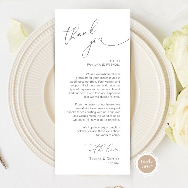 Romantic Wedding Place Setting Thank You Card (Wedding Dinner Place Setting Thank You Card, Modern Romantic Script, in Dark Grey)