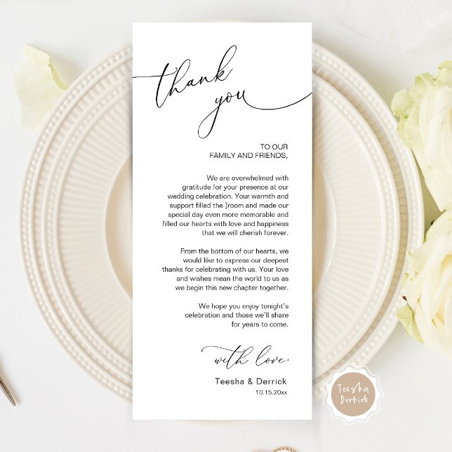 Romantic Wedding Place Setting Thank You Card (Wedding Dinner Place Setting Thank You Card, Modern Romantic Script, in black and white)