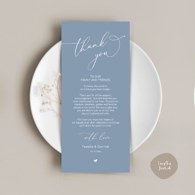Romantic Wedding Place Setting Thank You Card (Modern Romantic Wedding Dinner Place Setting Thank You Card, Plate Decor, in Dusty Blue)