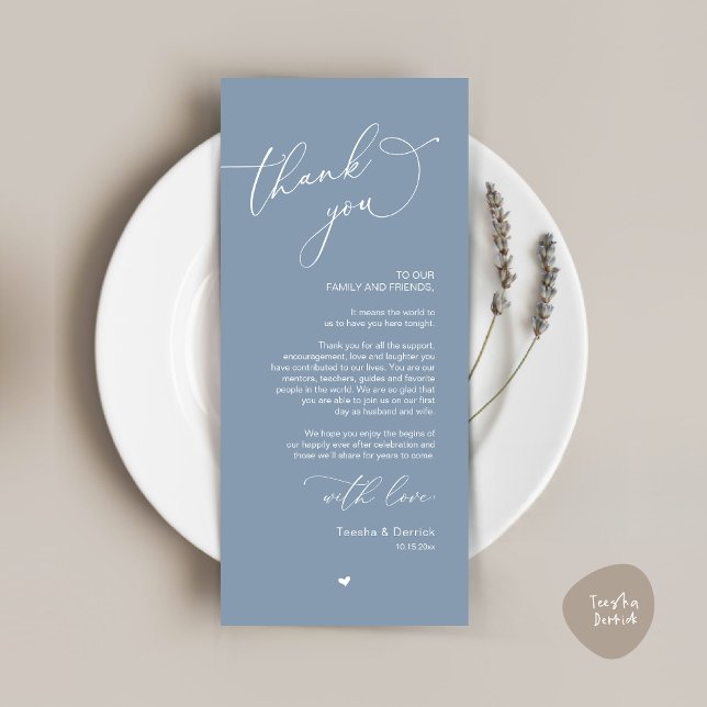 Romantic Wedding Place Setting Thank You Card (Modern Romantic Wedding Dinner Place Setting Thank You Card, Plate Decor, in Dusty Blue)