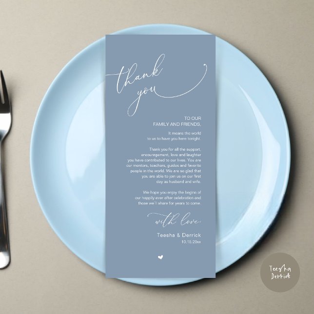 Romantic Wedding Place Setting Thank You Card (Modern Romantic Wedding Dinner Place Setting Thank You Card, Plate Decor, in Dusty Blue)