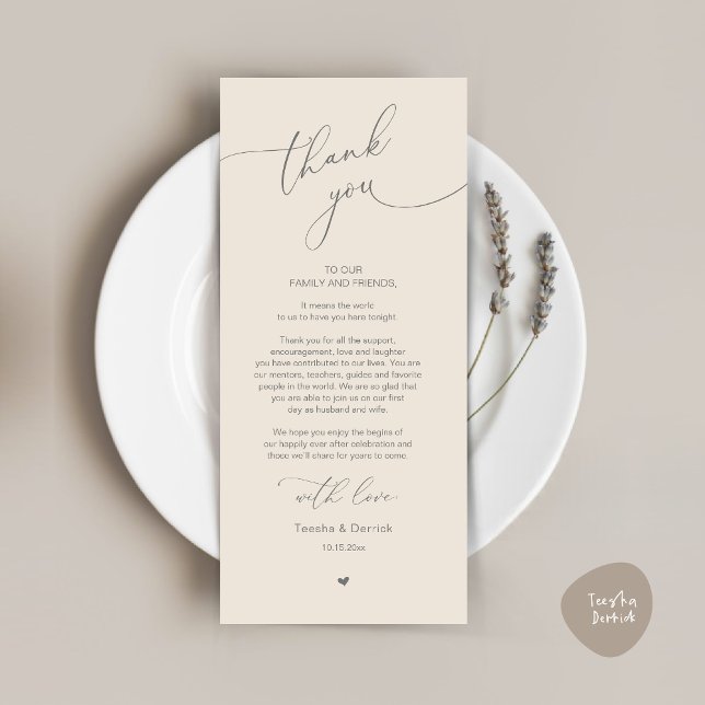 Romantic Wedding Place Setting Thank You Card (Modern Romantic Wedding Dinner Place Setting Thank You Card, Plate Decor, in Dark Grey and Cream)