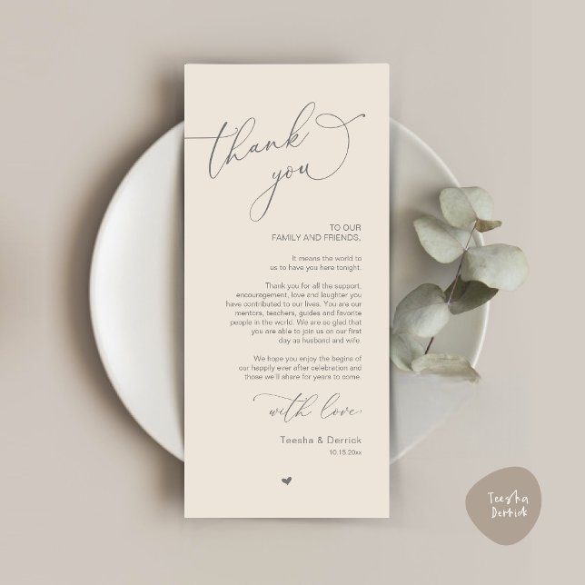 Romantic Wedding Place Setting Thank You Card (Modern Romantic Wedding Dinner Place Setting Thank You Card, Plate Decor, in Dark Grey and Cream)
